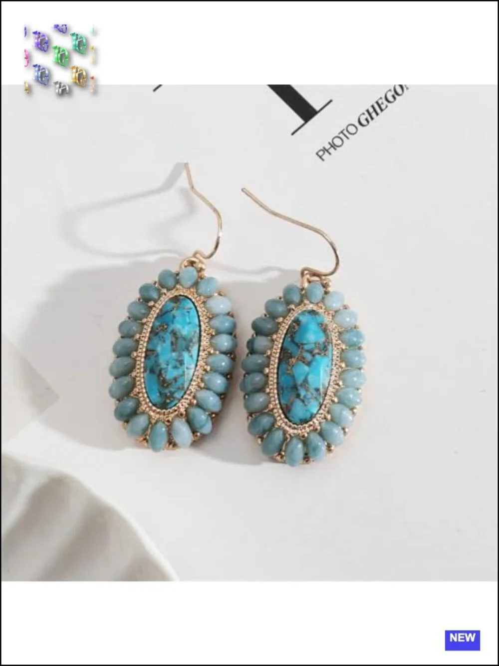 Handmade Turquoise and Abalone Shell Drop Dangle Earrings Gold Geometric Boho